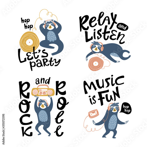 Cool sloths at the party, listening to music and relaxing. Vector design for cards, posters or print for t-shirt. Hand drawn cute animals isolated on the white background with lettering