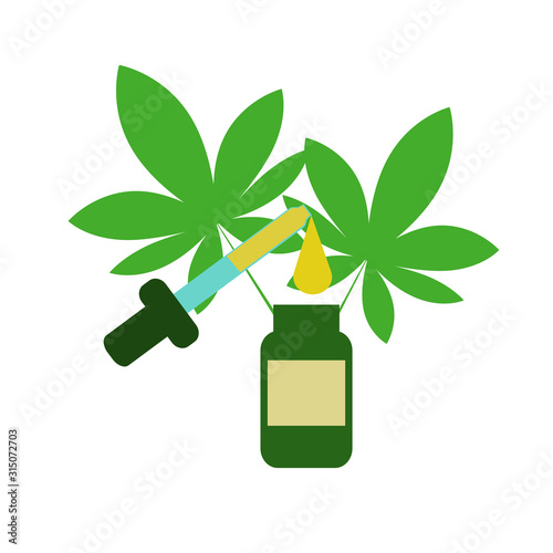 Bottles with CBD oil, THC tincture and hemp leaves  Cosmetics CBD oil. Vector flat concept illustration.
