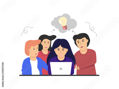 Group teenage boys and girls looking for idea, smile each other, pat on the shoulders. Students work together isolated on white background. Flat cartoon vector illustration.