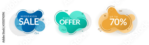 Sale templates banners with abstract fluid shape backdrops. Set of modern liquid illustrations on white background.