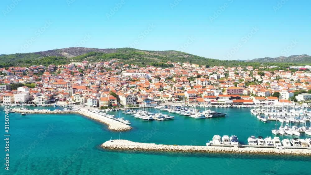 Town of Vodice, marina and turquoise coastline on Adriatic coast, drone aerial footage, Croatia Town of Vodice, marina and turquoise coastline on Adriatic coast, drone aerial footage, Croatia
