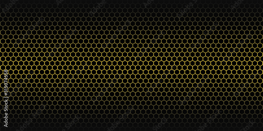 Yellow abstract background. Golden honeycomb pattern. Linear website template on black backdrop. Vector geometric pattern.