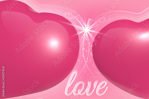 two bright pink hearts 3D love wedding newlyweds art