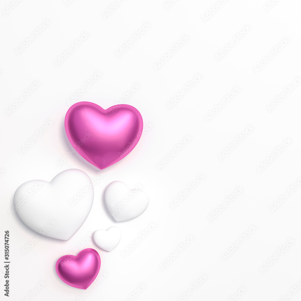 Abstract glossy pink and white sweet Heart on white background 3d rendering. 3d illustration sweet heart and Valentines Day greeting card template minimal concept.