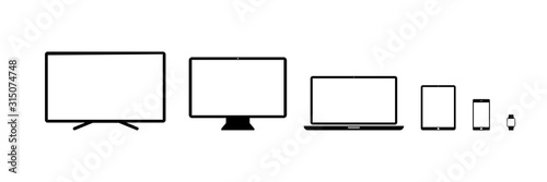 Device vector icon: tv, computer desktop, laptop, tablet, smartphone, watch. Set of devices vector isolated icons.