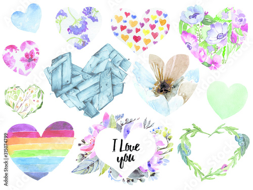 Watercolor set of floral hearts illusrations. Valentines background abstract illustration. photo