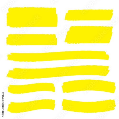 Yellow highlight marker lines. Highlighter strokes and pen brush vector photo