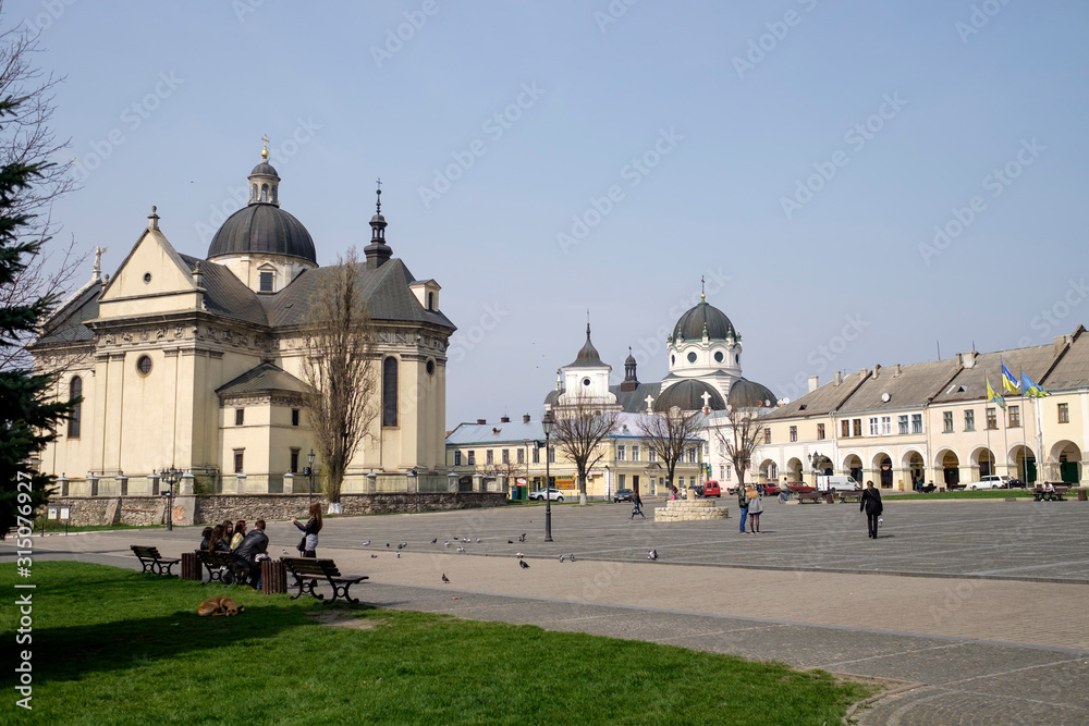 St. Lawrence Church in the historic center of Zhovkva, Lviv region, Ukraine. April 2016