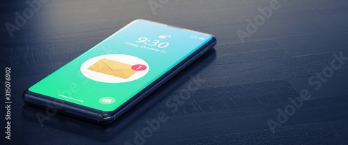 The Eeceived an E-mail Online on a Mobile Phone. Message Online Icon. Close-up Image of Modern Smartphone with E-Mail Notification on White Surface. E-Mail or Social Media Concept. 3D Render. photo