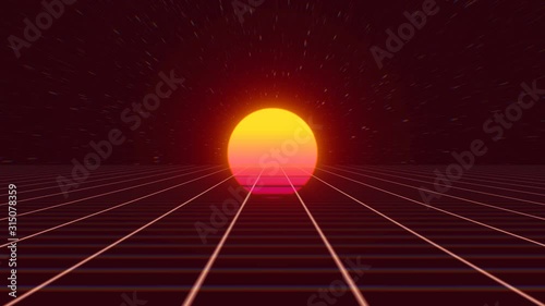 Retro-futuristic 80s synthwave sun grid background. Seamless looped opener 4K animation.