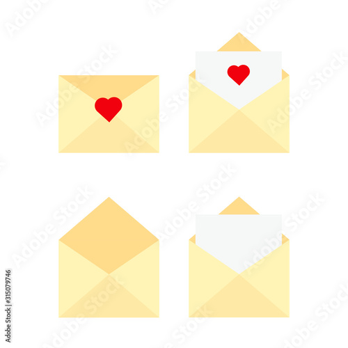 This is envelope and paper, heart. Love letter on white background.