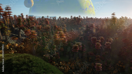 exoplanet landscape, beautiful forest on an alien world