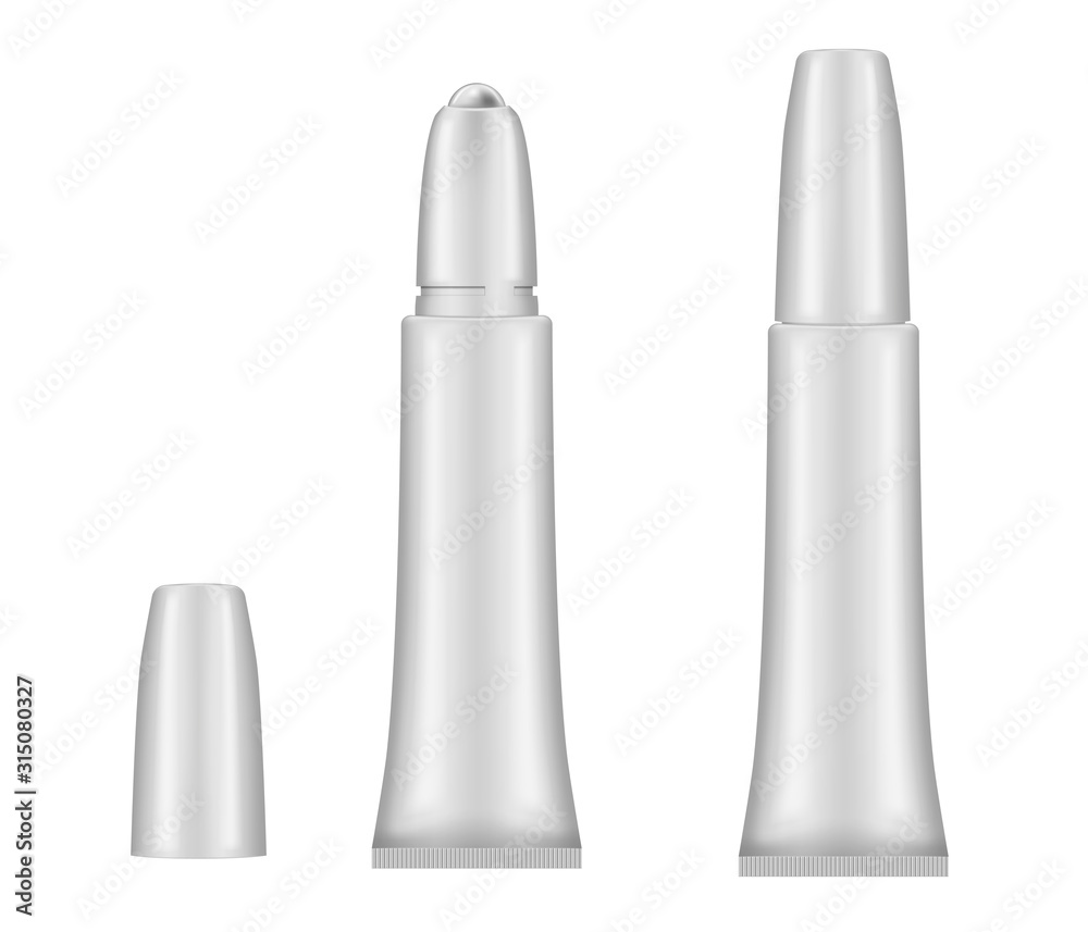 White eye roller tube, realistic mock-up. Rollerball bottle for eye skin care, vector mockup. Cosmetic packaging. Template for design White eye roller tube, realistic mock-up. Rollerball bottle for eye skin care, vector mockup. Cosmetic packaging. Template for design