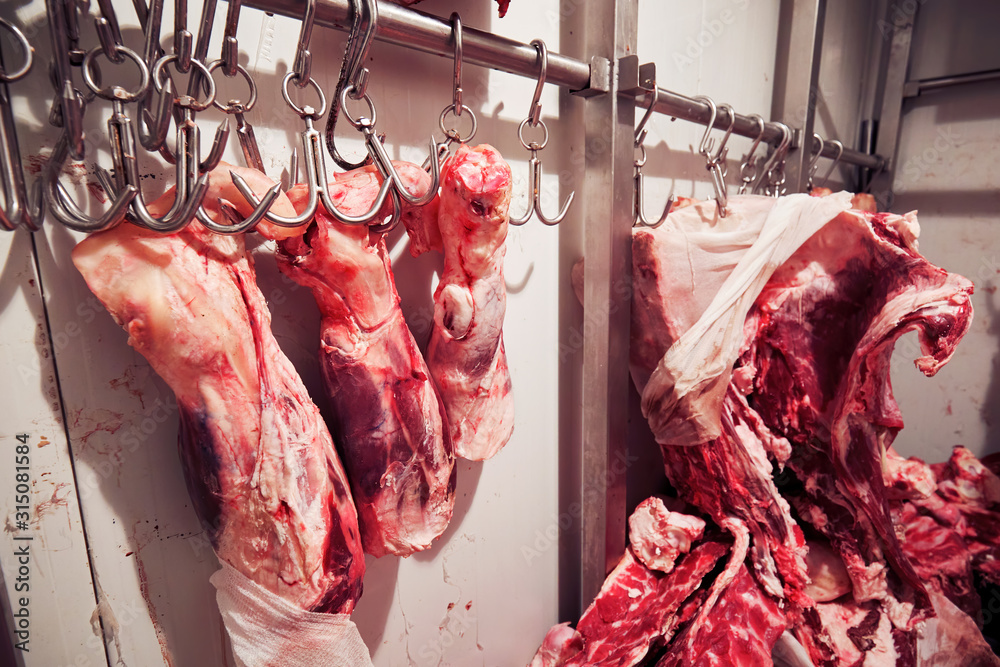 Lamb and veal carcasses hanging on hooks in the cold storege room of a slaughterhouse