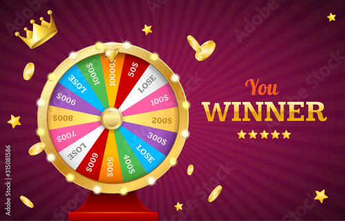 Realistic Detailed 3d Casino Fortune Wheel Jackpot Concept Banner Card Placard. Vector