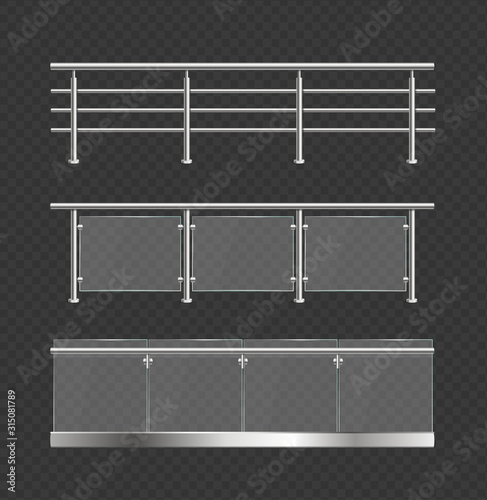 Realistic Detailed 3d Glass Balustrade with Metal Handrails Set. Vector