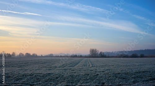 frosty morning in the countryside, frosted fields