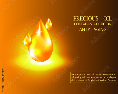 Vector illustration: Golden drop of oil, Golden serum falling on a Golden background with bright rays. Flyer template, brochure, banner for promotion of cosmetics, Spa