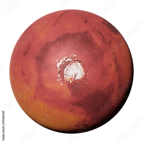 Fototapeta Naklejka Na Ścianę i Meble -  planet Mars, red planet with north polar ice cap isolated on white background