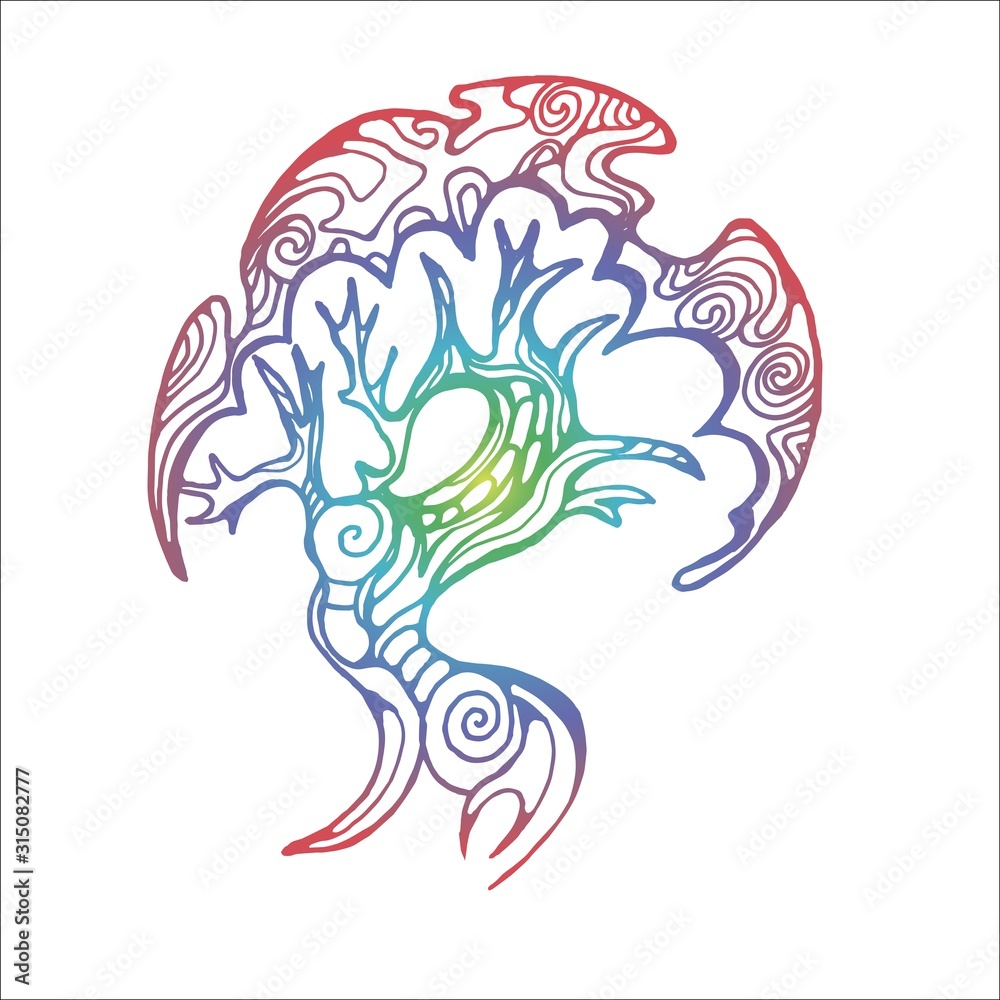 Fototapeta premium Color illustration of a bud walking tree on the roots. Tree of life with ornament.