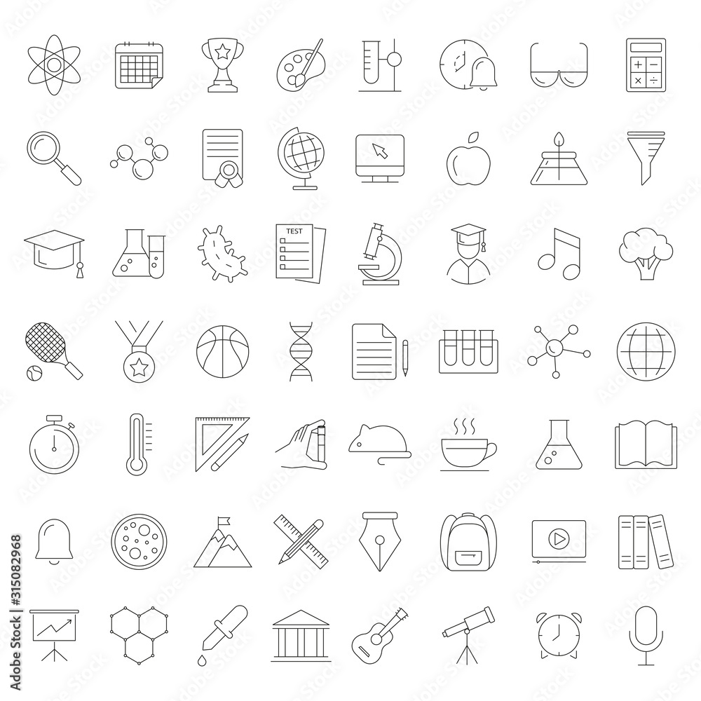 Set of vector line icons and symbols in flat design education, school, university, science with elements for mobile concepts and web apps. Collection of line modern infographic logo and pictogram. Set of vector line icons and symbols in flat design education, school, university, science with elements for mobile concepts and web apps. Collection of line modern infographic logo and pictogram.