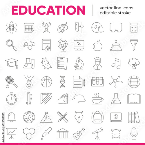 Set of vector line icons and symbols in flat design education, school, university, science with elements for mobile concepts and web apps. Collection of line modern infographic logo and pictogram.