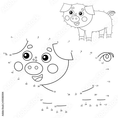 Educational Puzzle Game for kids: numbers game. Cartoon pig or swine. Farm animals. Coloring book for children.