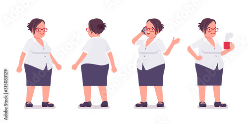 Fat female clerk standing with phone, mug. Heavy middle aged business lady, office manager and civil service worker, typical employee in a plus size formal wear. Vector flat style cartoon illustration