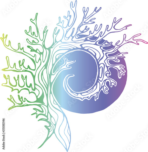 Neon illustration of a tree that spirals in the background of the sun or moon.
