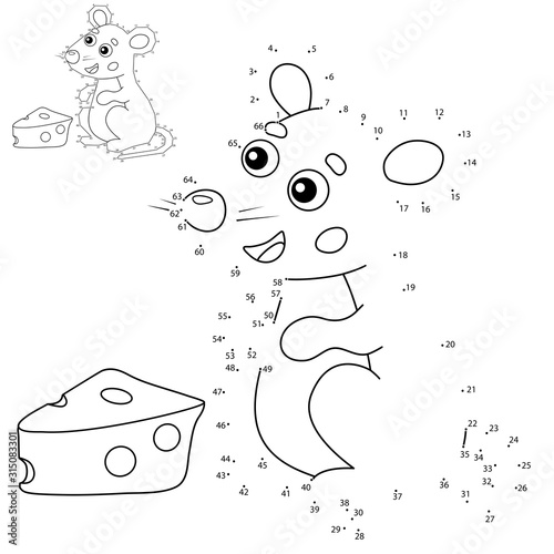 Educational Puzzle Game for kids: numbers game. Cartoon mouse with cheese. Animals. Coloring book for children.