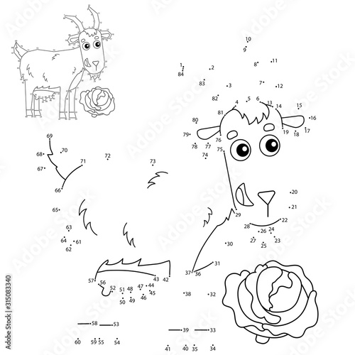 Educational Puzzle Game for kids: numbers game. Cartoon nanny goat. Farm animals. Coloring book for children.