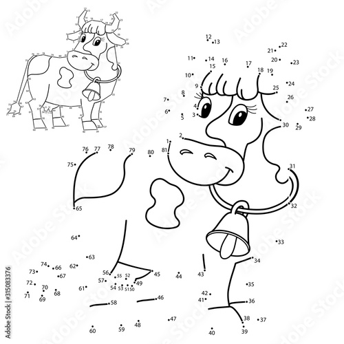 Educational Puzzle Game for kids: numbers game. Cartoon cow with bell. Farm animals. Coloring book for children.