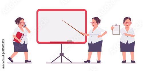 Fat female clerk working at board, with papers. Heavy middle aged business lady, office manager, civil service worker, typical employee in plus size formal wear. Vector flat style cartoon illustration
