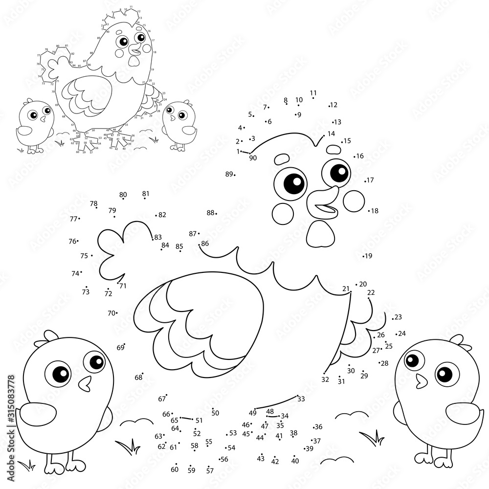 Educational Puzzle Game for kids: numbers game. Cartoon chicken or hen with chicks. Farm animals. Coloring book for children. Educational Puzzle Game for kids: numbers game. Cartoon chicken or hen with chicks. Farm animals. Coloring book for children.