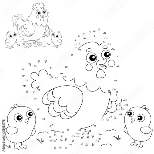 Educational Puzzle Game for kids: numbers game. Cartoon chicken or hen with chicks. Farm animals. Coloring book for children.