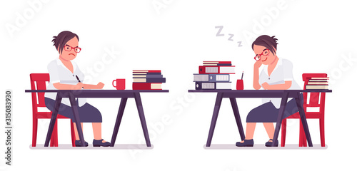 Fat female clerk working, sleeping at desk. Heavy middle aged business lady, office manager and civil service worker, typical employee in plus size formal wear. Vector flat style cartoon illustration
