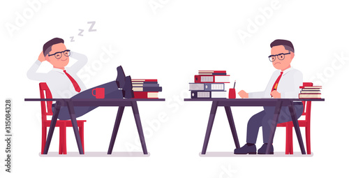 Fat male clerk working, sleeping at desk. Heavy middle aged business guy, office manager and civil service worker, typical employee in a plus size formal wear. Vector flat style cartoon illustration
