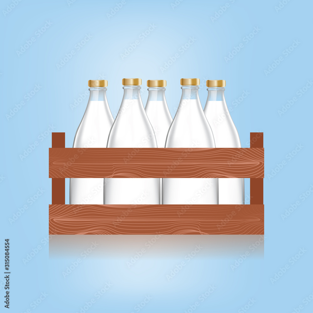 Closed traditional glass bottle of natural milk in wooden box and blue logo isolated on white background. vector illustration.
