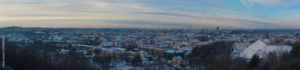 Panorama of Vilnius from a high point on the Hill of the Three Crosses on a winter morning. Lithuania