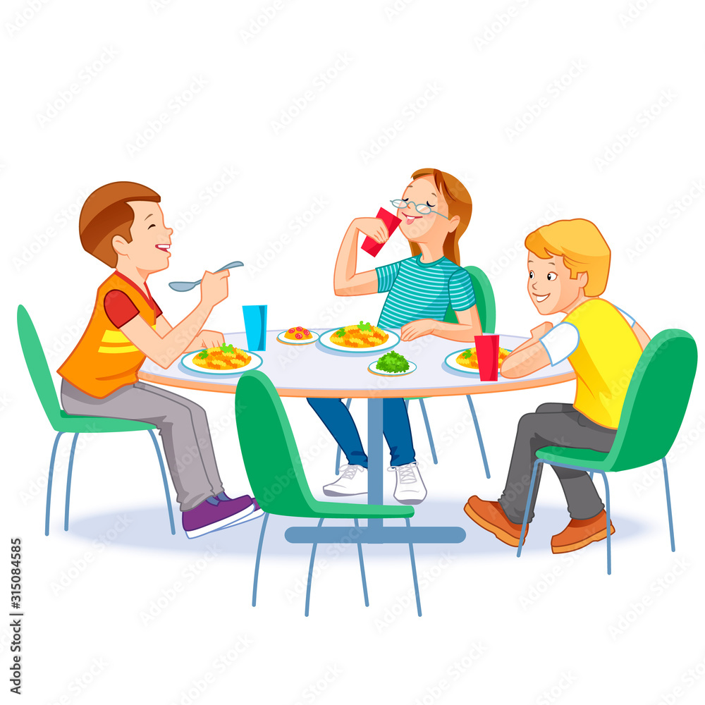 Happy kids having lunch by themselves. Two boys and girl eating lunch meals at table. Child nutrition concept.