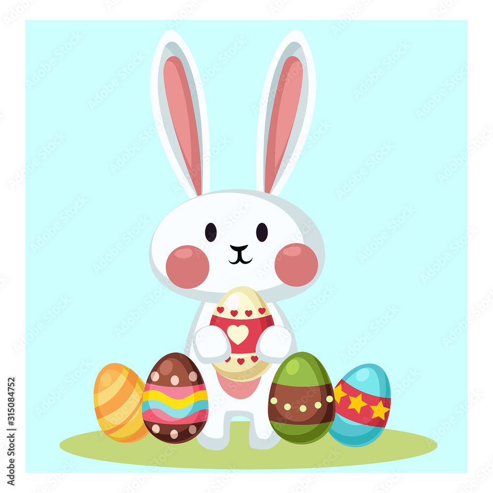 Fototapeta premium Cute Easter bunny with colorful Easter eggs. Happy Easter vector illustration. 