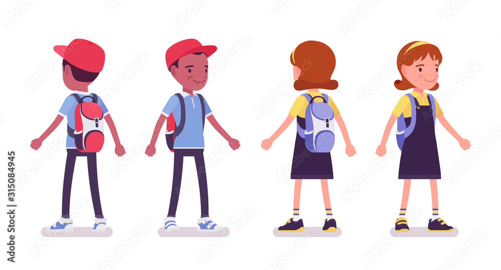 School boy and girl in a casual wear standing. Cute small children with rucksack, active young kids, smart elementary pupils aged between 7 and 9 years old. Vector flat style cartoon illustration