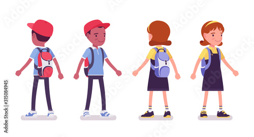 School boy and girl in a casual wear standing. Cute small children with rucksack, active young kids, smart elementary pupils aged between 7 and 9 years old. Vector flat style cartoon illustration