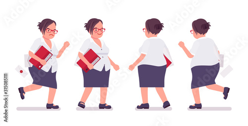 Fat female clerk busy walking, running. Heavy middle aged business lady, office manager and civil service worker, typical employee in a plus size formal wear. Vector flat style cartoon illustration