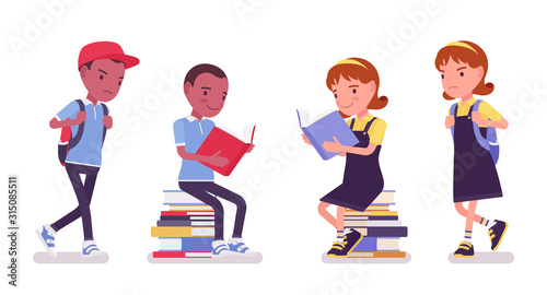 School boy and girl with reading books, sitting. Cute small children on study, active young kids, smart elementary pupils aged between 7 and 9 years old. Vector flat style cartoon illustration