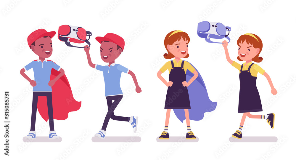 School boy and girl having fun, hero cloak. Cute small children after  study, active young kids, smart elementary pupils aged between 7 and 9 years  old. Vector flat style cartoon illustration Stock
