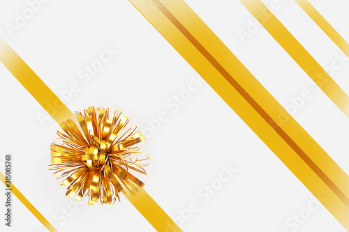 Yellow bow-knot and ribbon isolated on a gray background. Holiday concept, gift decoration. Top view, flat lay, mock up, copy space.