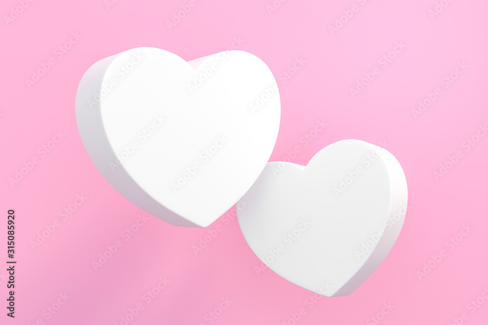 Two white hearts couple lovers on pastel pink background 3d rendering. 3d illustration sweet heart of pure love and Valentines Day greeting card template minimal concept.