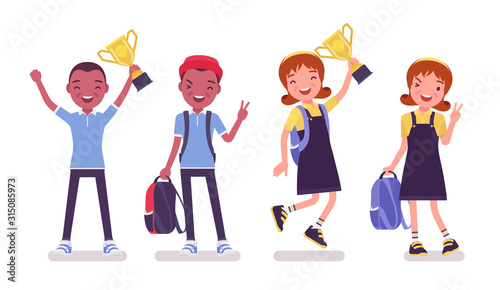School boy and girl in a casual wear standing with trophy cup. Cute small children with rucksack, active young kids, smart elementary pupils 7 and 9 years old. Vector flat style cartoon illustration