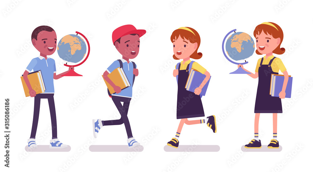 School boy and girl with books, globe. Cute small children on study, active young kids, smart elementary pupils aged between 7 and 9 years old. Vector flat style cartoon illustration School boy and girl with books, globe. Cute small children on study, active young kids, smart elementary pupils aged between 7 and 9 years old. Vector flat style cartoon illustration